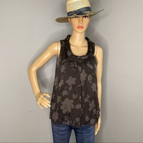 Carla Conti Sleeveless Dark Green Draped Neck Floral Silk Blouse Size Small - Picture 1 of 10